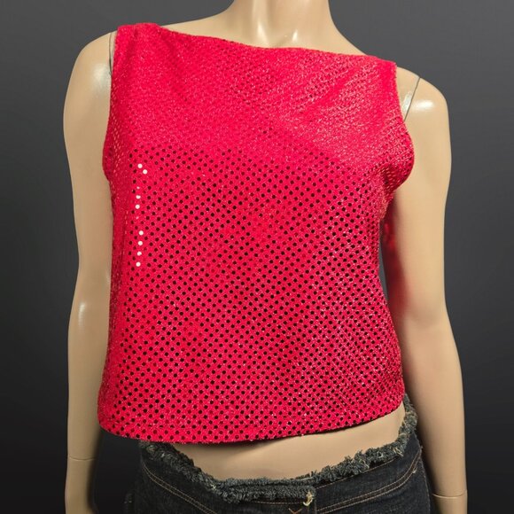 Vintage 90s Red Sequin Shimmer Top Size M Sleeveless Party Going Out Rave - Picture 1 of 5